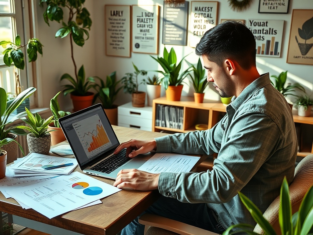 Мужчина работает за столом с ноутбуком и документами, окруженный зелеными растениями в уютном помещении.