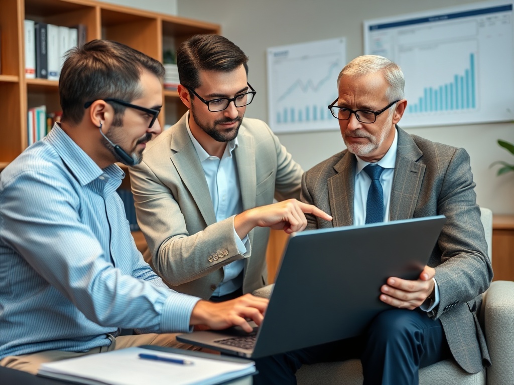 Трое мужчин в деловой обстановке обсуждают данные на ноутбуке. На стене графики.