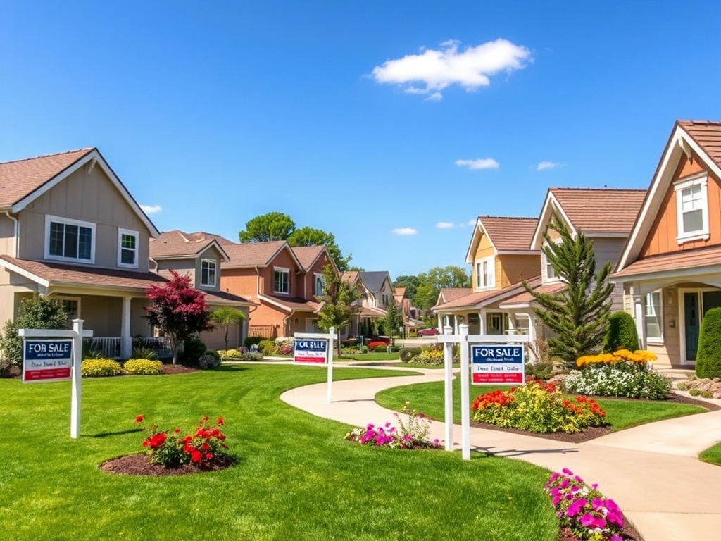 Уютный жилой район с домами на продажу и ухоженными садами под ясным голубым небом.