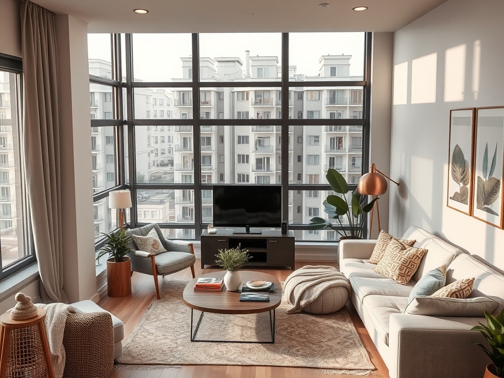 Современный светлый интерьер гостиной с большими окнами и уютной мебелью. Стильные детали и уютная атмосфера.