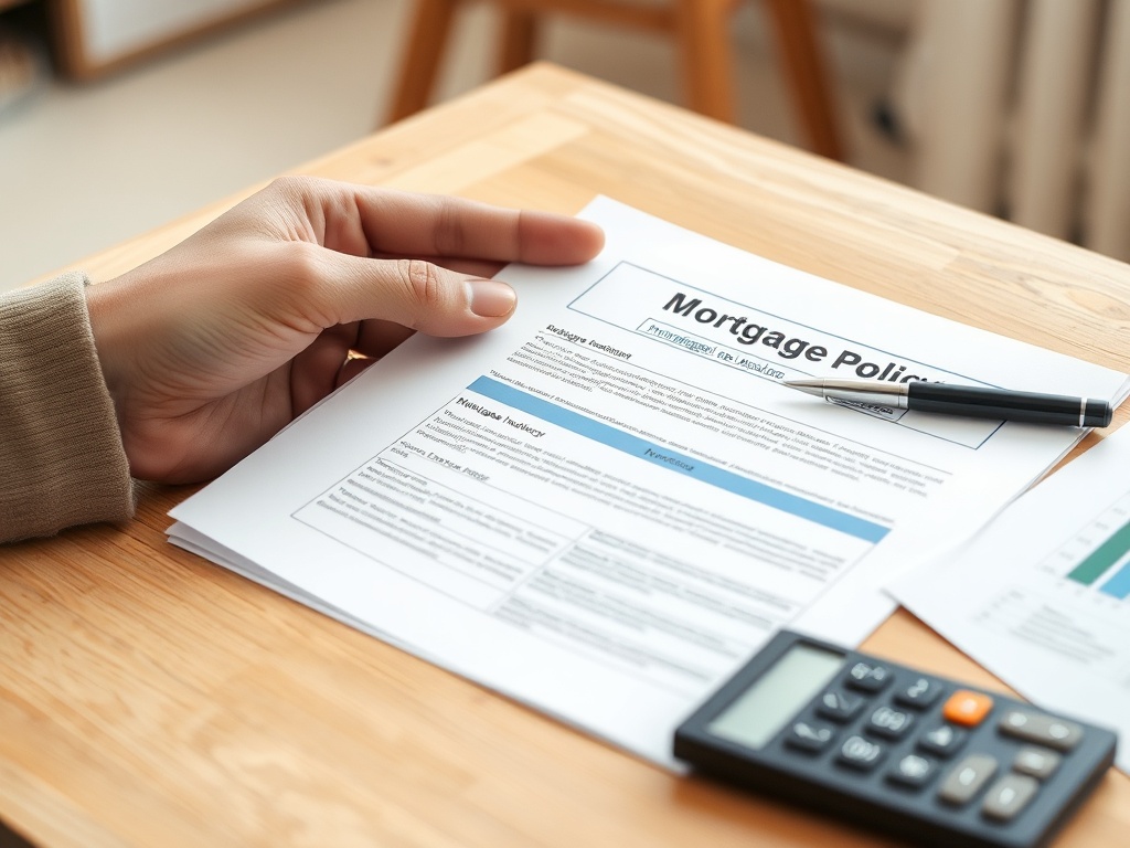 Документы по ипотечной политике на столе, рядом ручка и калькулятор.