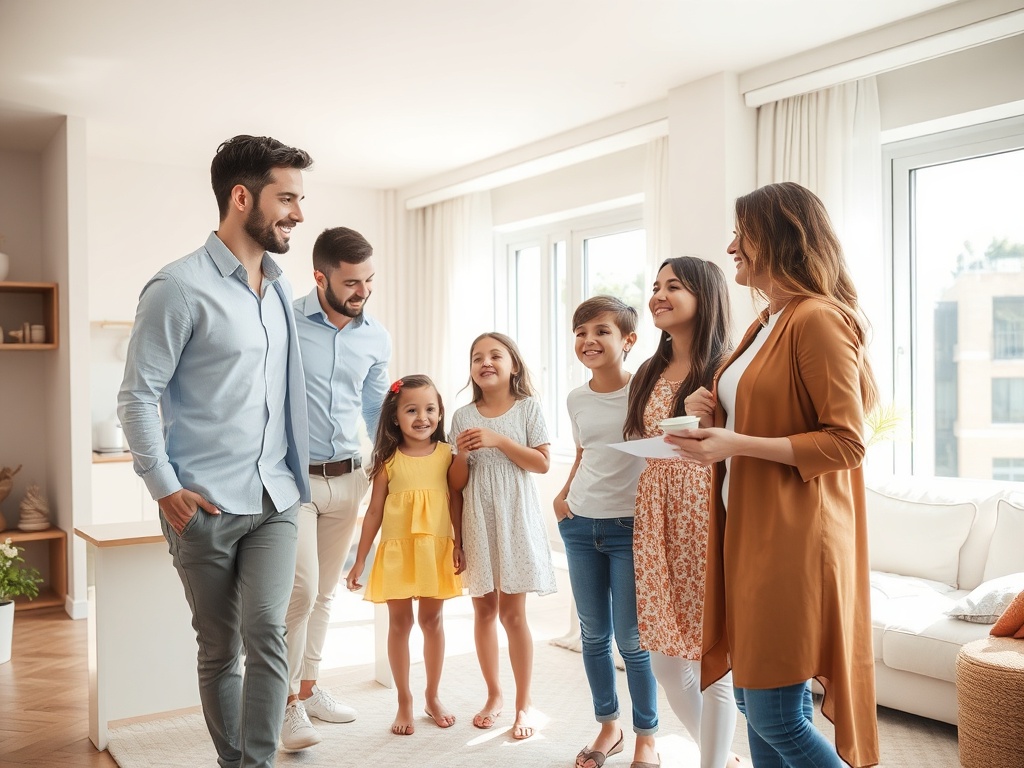 Семья и дети обсуждают что-то в светлой комнате с окнами и уютной атмосферой.