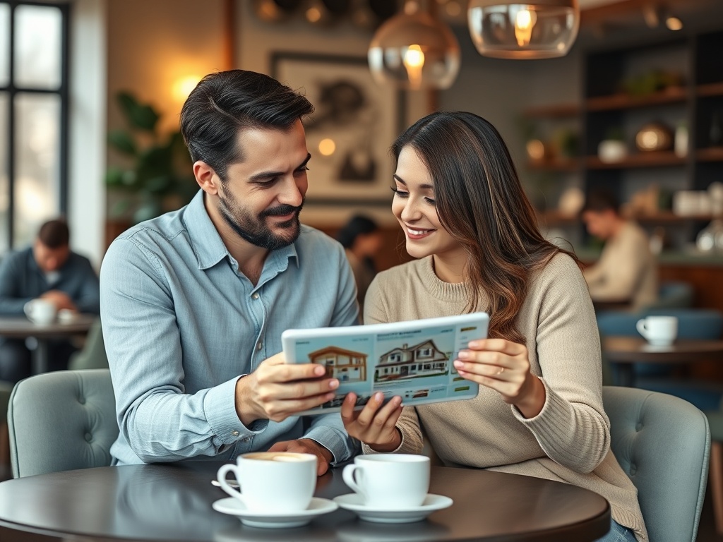 На изображении молодая пара обсуждает что-то на планшете в кафе, рядом стоят чашки с кофе.