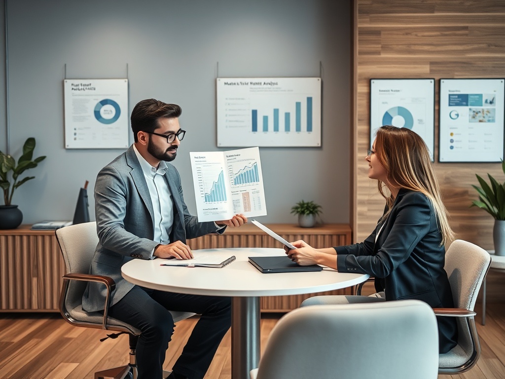 Два человека в деловых костюмах обсуждают графики и данные во время встреч на фоне офисной обстановки.