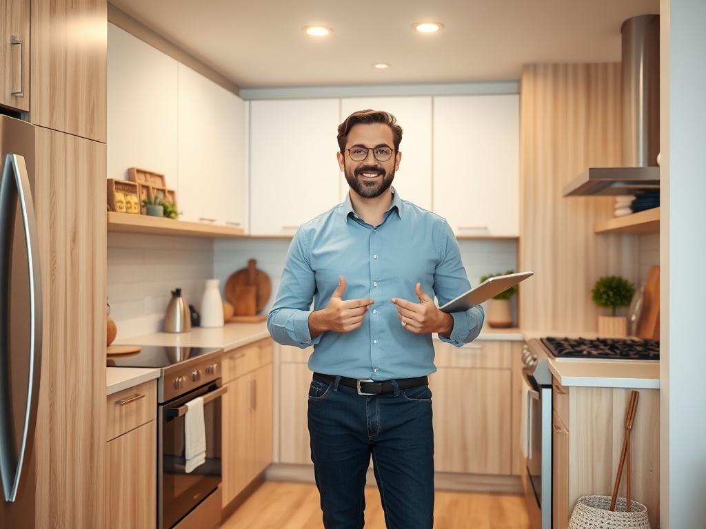 Мужчина в светлой кухне улыбается и показывает на себя, держа планшет в руках.