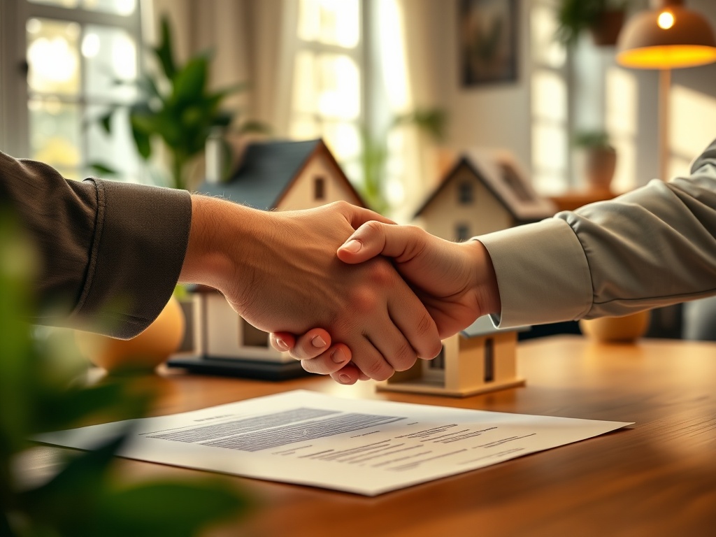Два человека обмениваются рукопожатием на фоне домов и документа на столе, символизируя сделку.