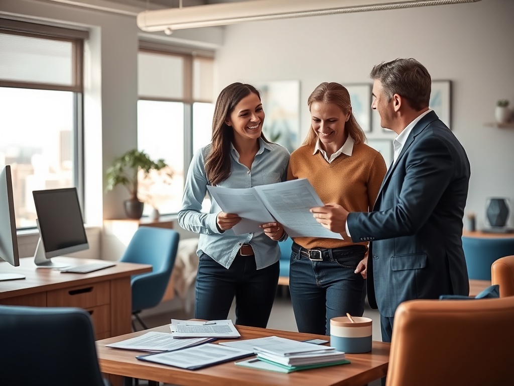 На изображении группа людей обсуждает документы в офисе. Они выглядят вовлеченными и заинтересованными.