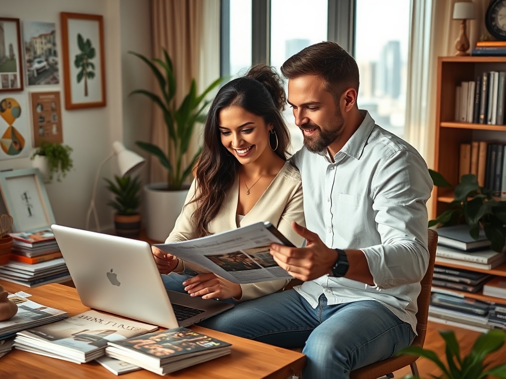 Счастливая пара читает газету за столом с ноутбуком и книгами в уютной комнате. За окном городской пейзаж.